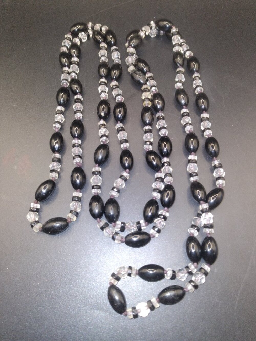 Vintage Flapper Necklace Black glass beads clear glass rondelle Crystal Spacers